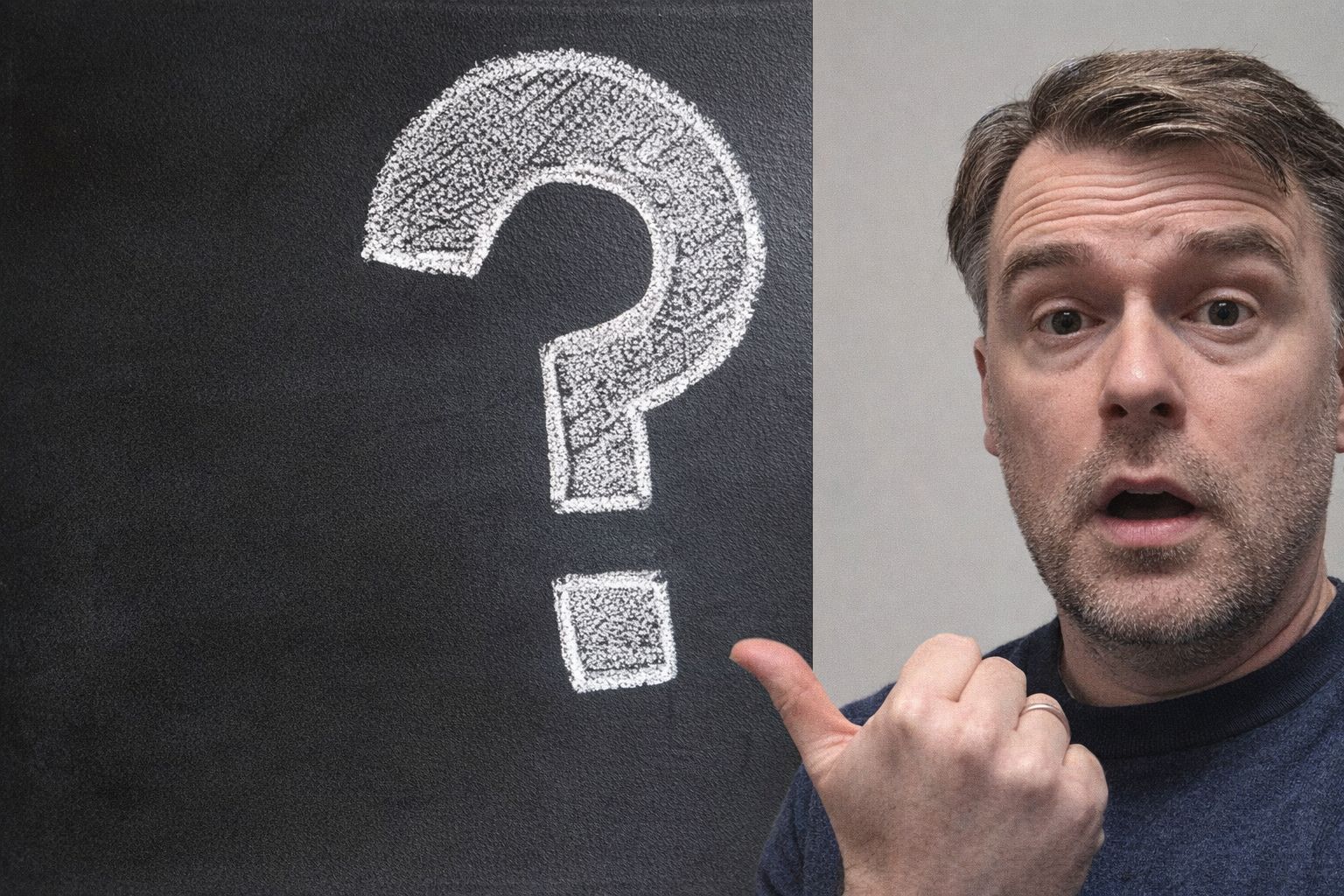 Man pekar förvånat på ett stort frågetecken på en svart tavla.